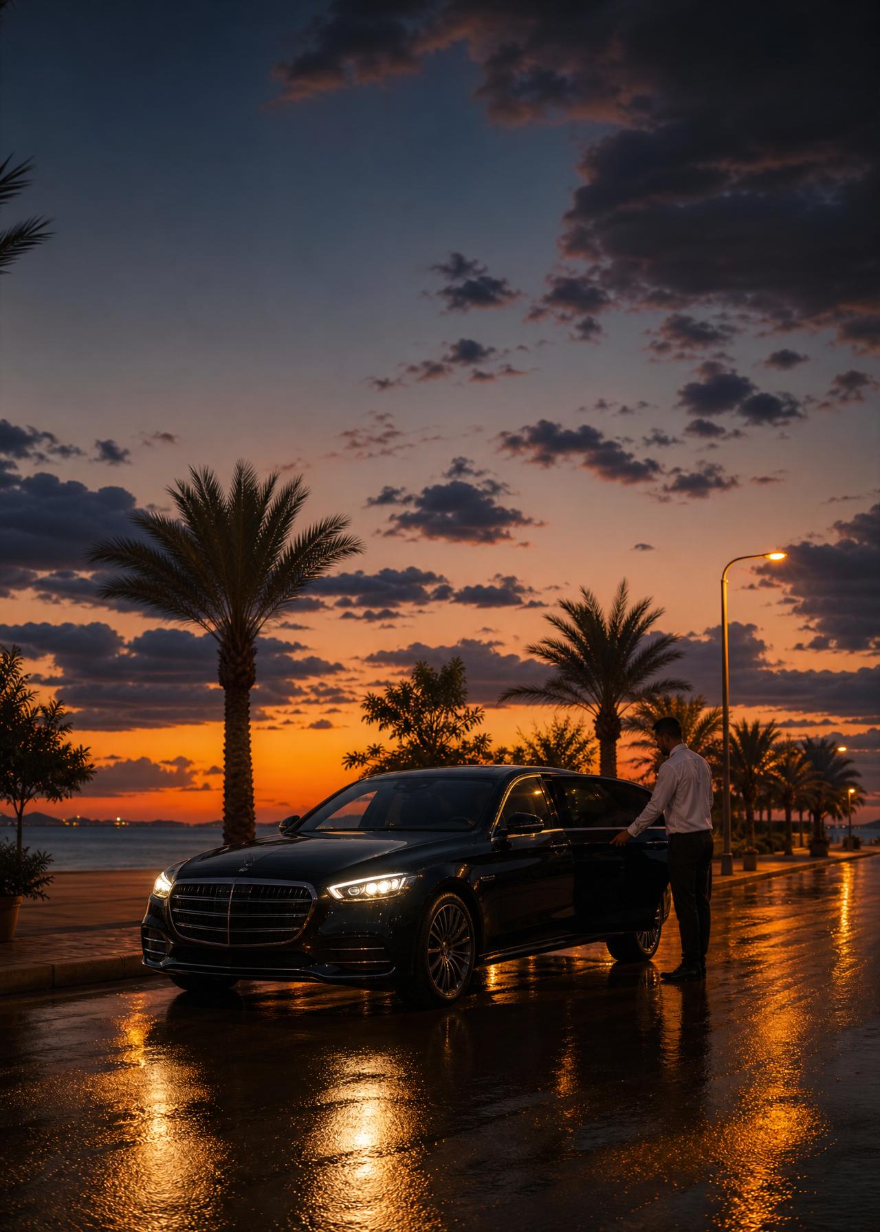 Private black Mercedes with driver on the Hurghada corniche at blue hour